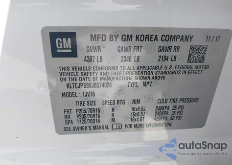 2018 Chevrolet Trax Lt z USA, uszkodzony, nr VIN KL7CJPSB8JB574026